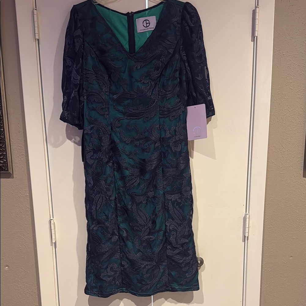 JS Collections Elegant Blue and Green Lace 3/4 Sleeve Dress